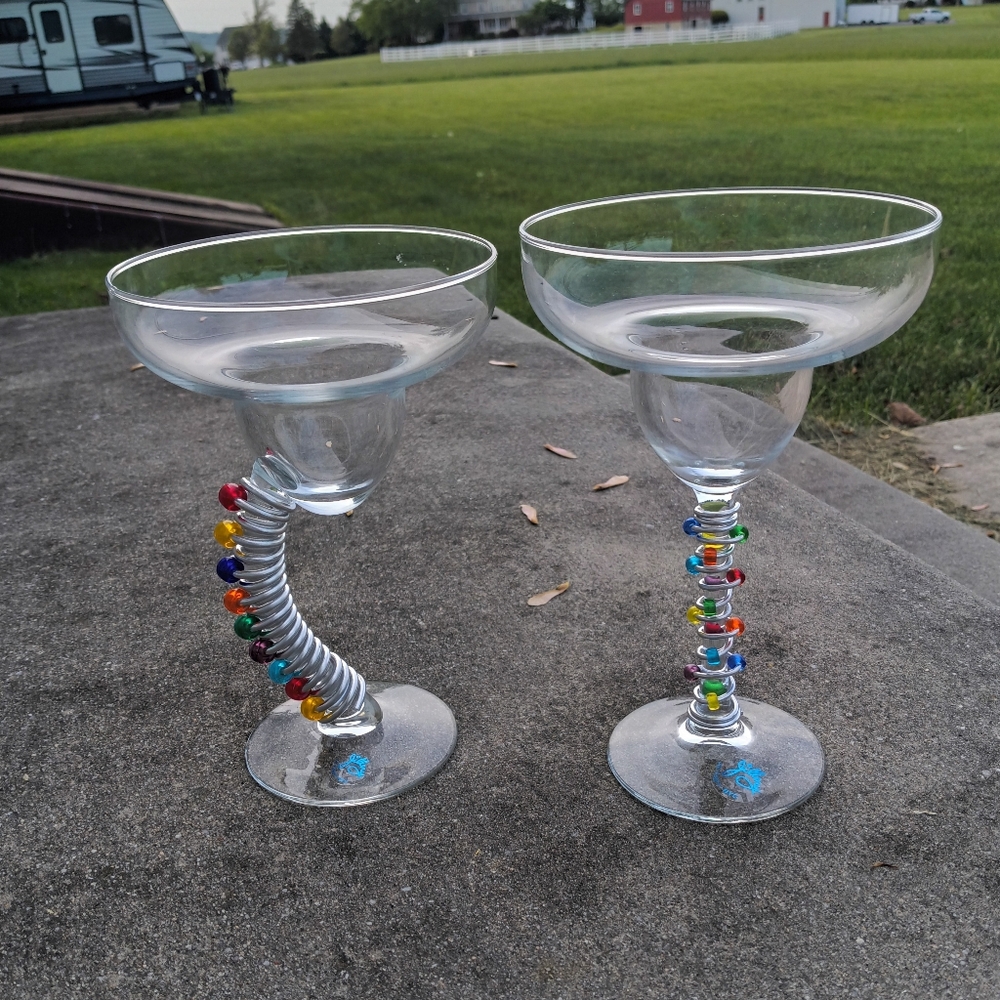Set Of 2 Martini Cocktail Glass Beaded Coiled Metal Fun Corky Y2K